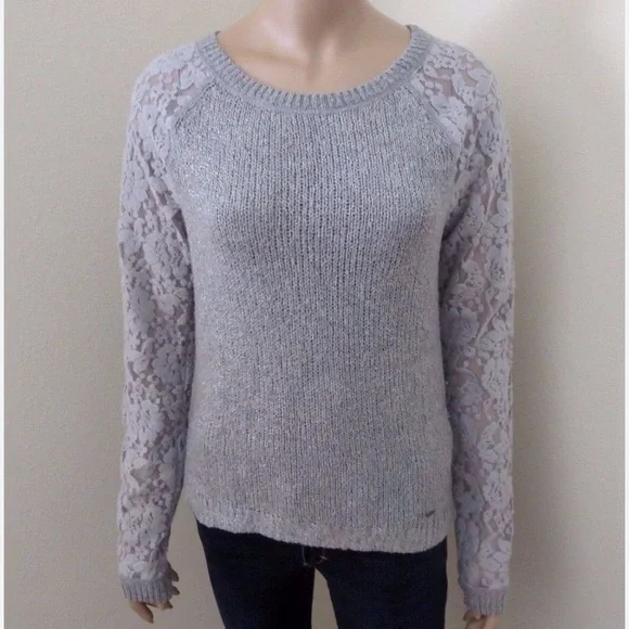 ABERCROMBIE & FITCH Cream Lace Sleeve Gold Fleck Pullover Sweater Size S - Picture 4 of 8